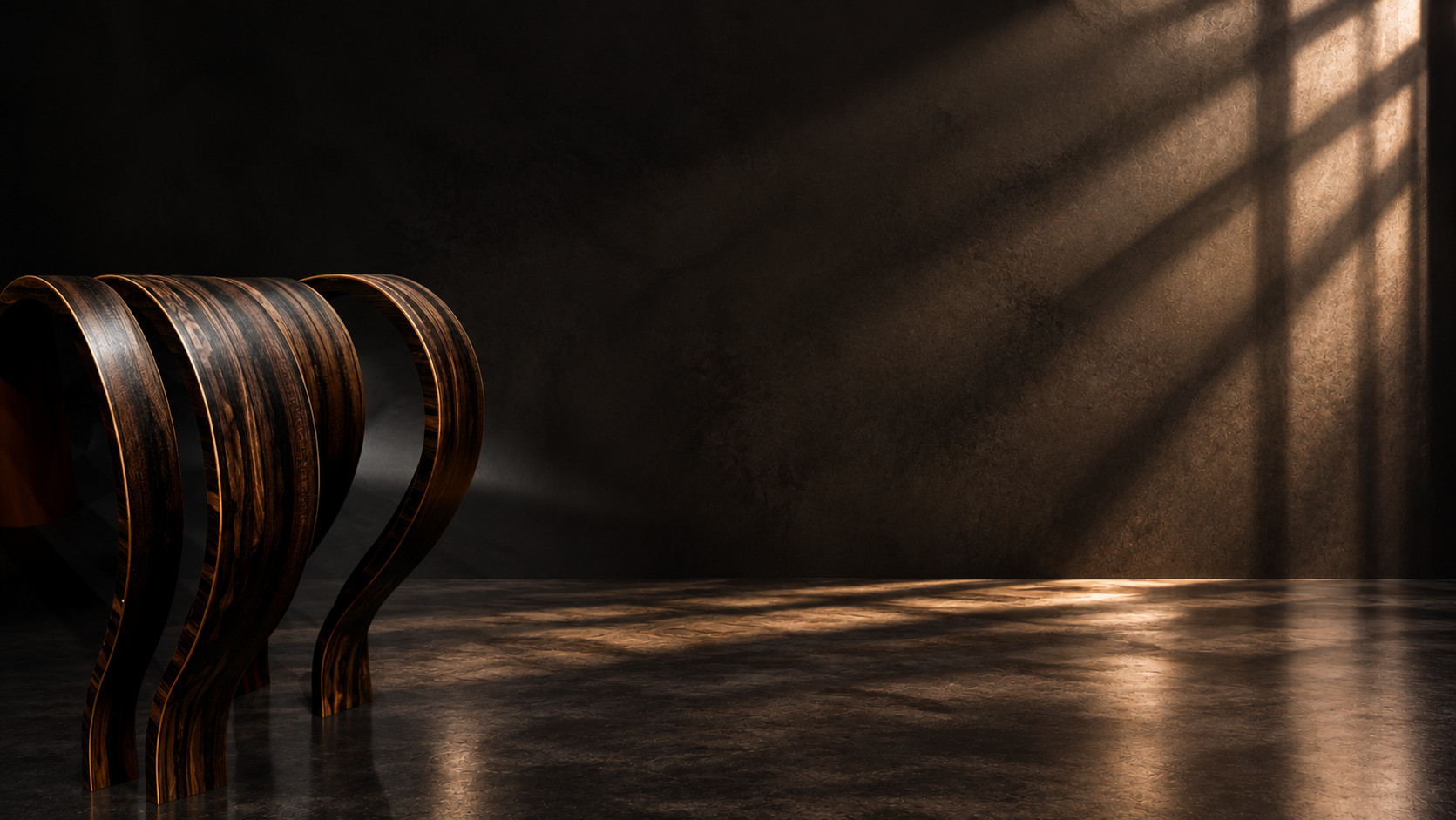 Sculptural dark wooden waves with distinctive golden edges