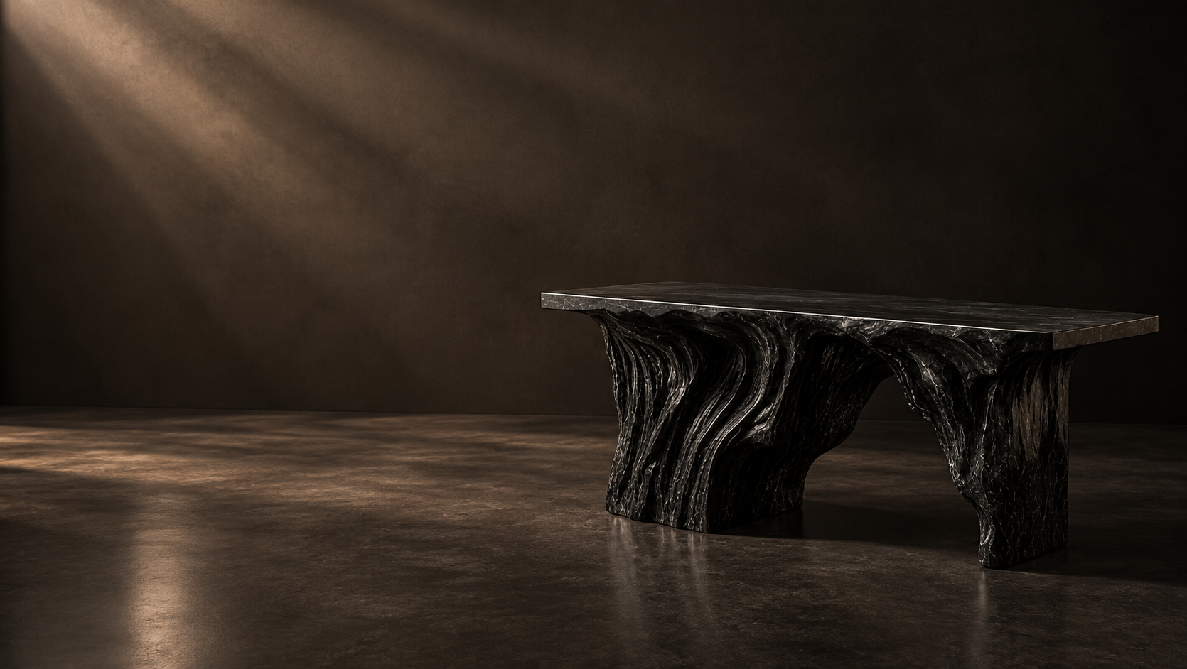 Dark sculptural object with a textured surface