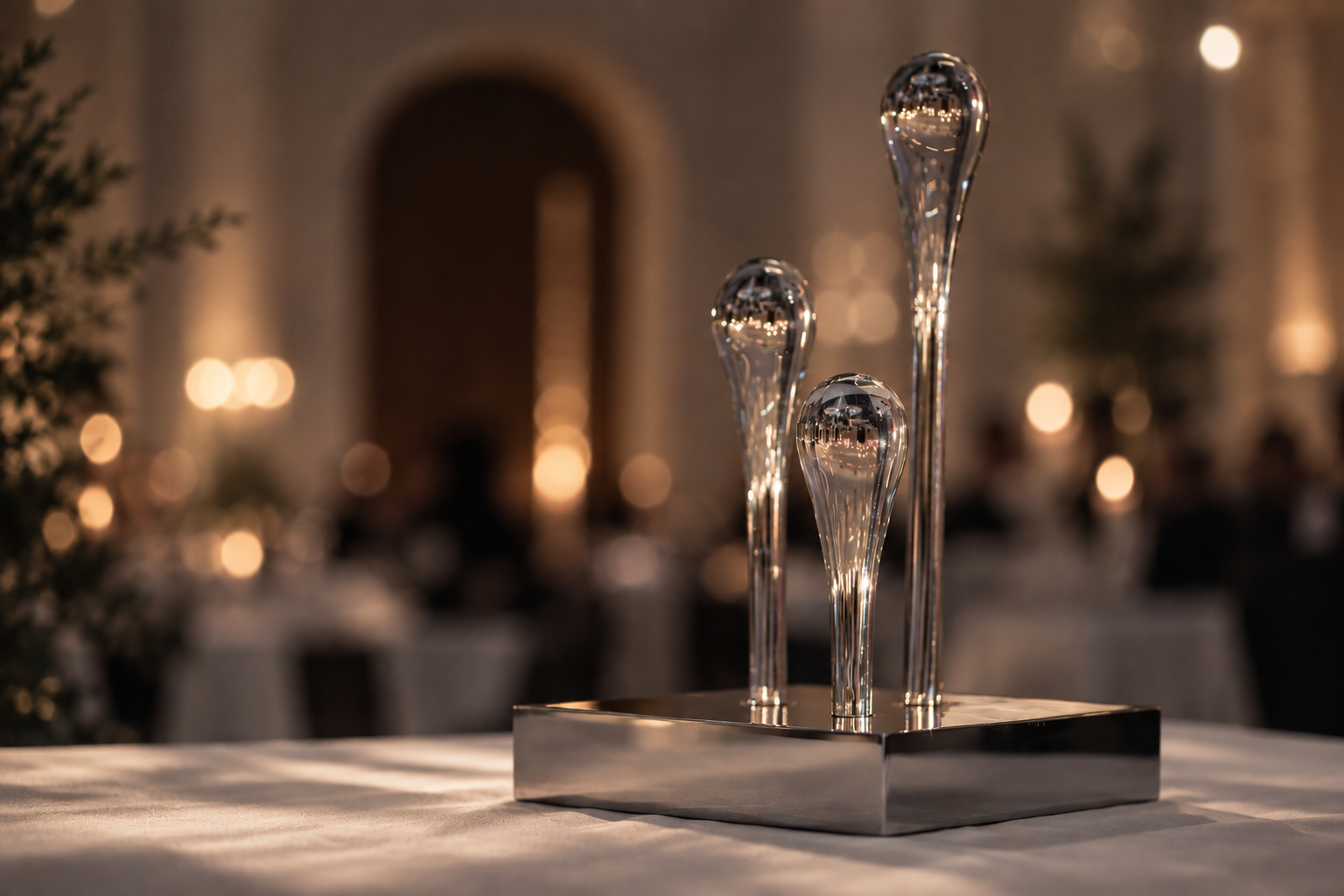 Sculptural glass award on a reflective metal base in an elegantly lit interior
